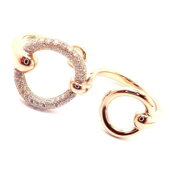 Authentic! Hermes 18k Rose Gold Diamond Filet d'Or Large Model Double Band Ring - Picture 1 of 10